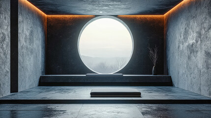 Minimalist interior with a circular window offering a scenic view