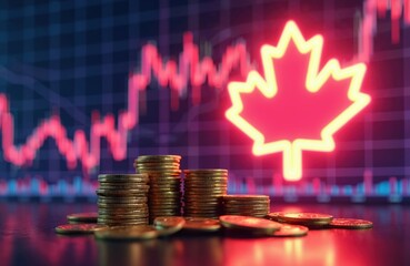Canadian quarters scattered on dark table. Golden coins with one Canadian flag symbol standing out prominently. Muted colors, slightly off-center, creating depth and perspective.