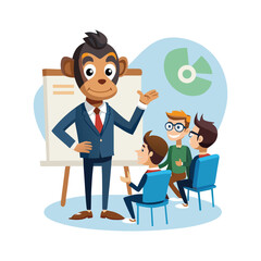 Professional Monkey Trainer Hosting a Corporate Seminar with Flip Chart. Funny Business Animal Vector Illustration for Office Learning, Leadership, Coaching, and Workplace Presentation Designs.