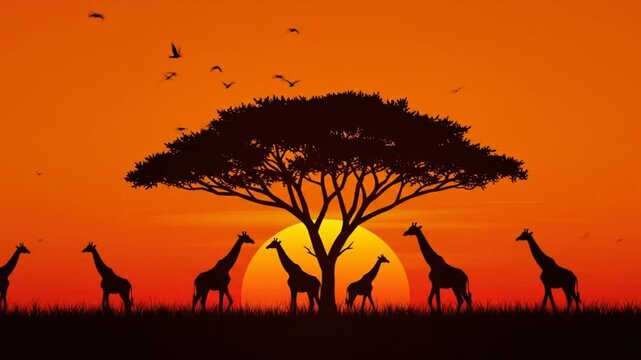 Silhouette giraffes sunset savanna scene vibrant landscape warm colors outdoor nature photography