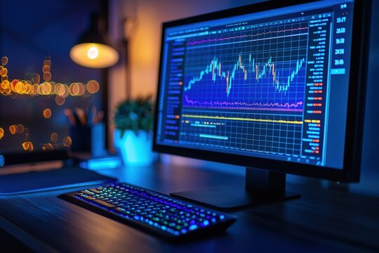 Financial trading analysis on a digital stock market dashboard at night