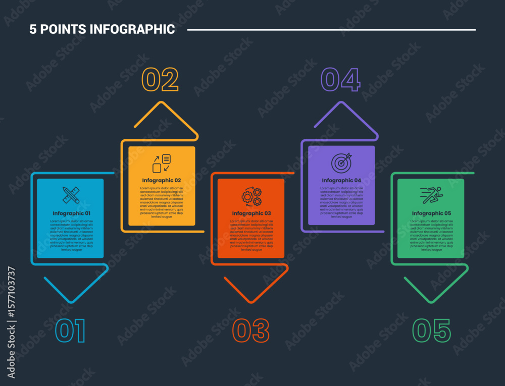 Poster 5 stage infographic process diagram with simple box with triangle arrow line up and down direction w