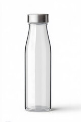 Naklejka premium Transparent reusable glass water bottle with metal lid on white background. Eco-conscious choice for hydration and minimalism.