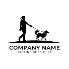 Elegant Silhouette Logo Design of Woman Walking a Dog with Company Name and Tagline