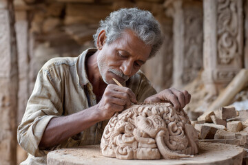 indian man making lord ganesha statue