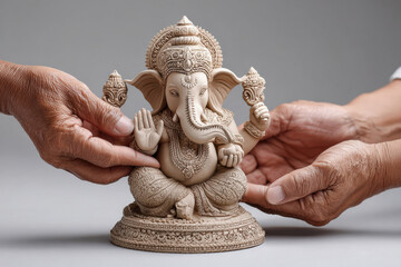 close up of hands holding lord ganesha statue