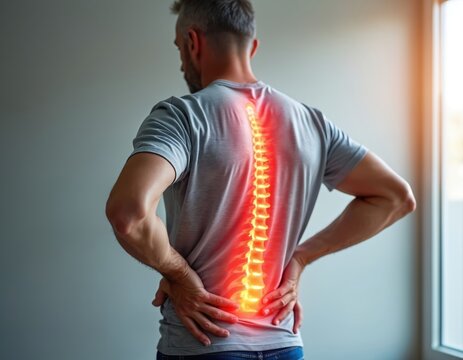 Person back with visible spine. Red arrows point to spine. Lower back region affected by disc protrusion. Mobility compromised due to back pain. Gray t-shirt, hands on stomach in a room with window.