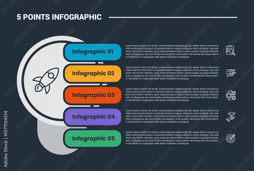 Poster 5 stage infographic process diagram with big circle and round rectangle header stacked vertical list