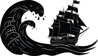 Epic Vector Pirate Ship Battling Waves in a Stormy Ocean - Black and White Illustration