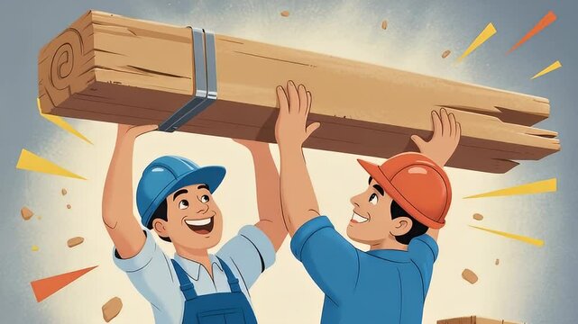 Carpenter cartoon two workers installing wooden beam