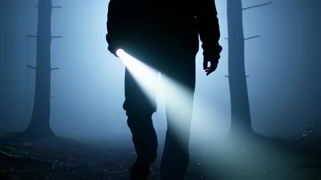 Unidentified figure explores a misty forest at night with a bright flashlight beam