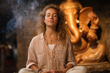 young indian woman doing pooja lord ganesha