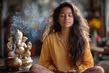 young indian woman doing pooja lord ganesha
