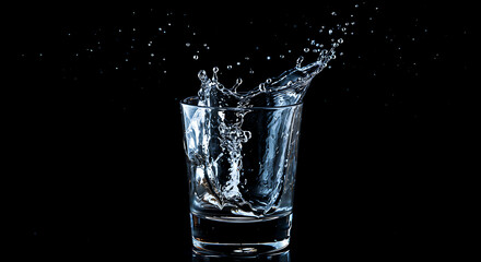 Dynamic Water Splash in Glass on Black Background