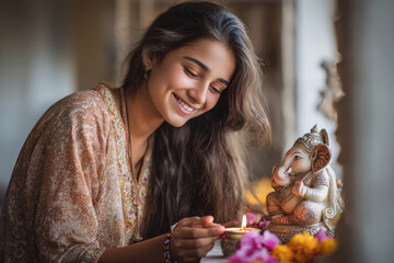 young indian woman doing pooja lord ganesha
