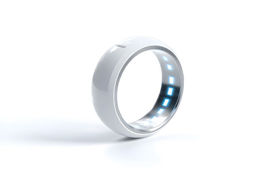 Sleek futuristic smart ring with glowing interface on white background. Minimalist wearable tech for health, access, and digital interaction.