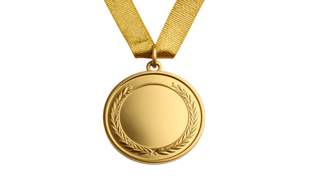 Gold medal with a shiny, reflective surface and embossed detailing