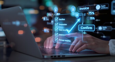 Futuristic Invoice Processing: Hands on Laptop with Glowing Interface, Confirming Transactions.