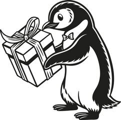 Cute cartoon penguin holding a gift box in black vector style