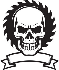 Skull with Saw Blade Background and Banner Black and White Graphic Illustration black white vector