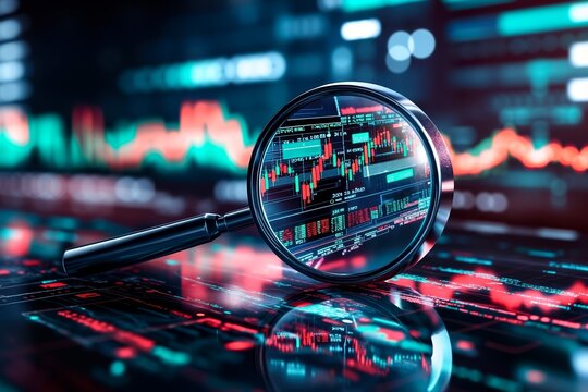 A magnifying glass over a stock market chart