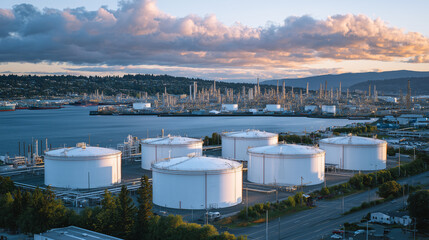 Aerial perspective of sprawling cryogenic plant layout, rows of cylindrical tanks and reflective piping infrastructure, gas compressors and distillation towers forming rhythmic ind