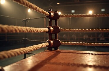 Boxing ring in sports arena with wooden floor, ropes, chains, white wall, diagonal and horizontal ropes, marked floor, lines, arrows, activity, movement, background person.