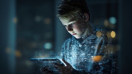 a real teenage boy configuring a virtual AI assistant on his personal tablet, futuristic smart lifestyle, photorealistic digital realism 