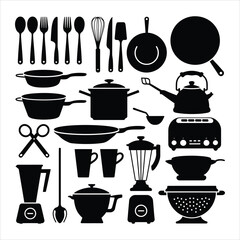 Kitchen Utensils and Appliances Silhouette Vector – Cooking Tools Clipart Set	