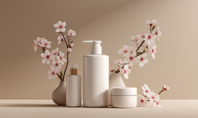 In front of a light brown background, skincare bottles, cherry blossom branches and clay pots match, simple and fresh, suitable for beauty and home - themed materials