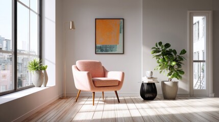 Pink armchair in a sunlit room with plants and artwork Large window view Wooden floor
