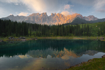 Lago di Carezza at a magical sunrise in the Dolomites