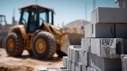 Stack of grey cinder blocks in materials yard, dusty edges and chipped corners visible, bulldozer in soft blur
