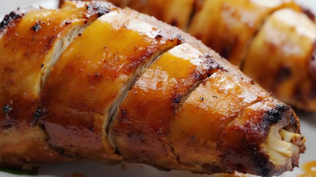Roasted pork, Lechon, Whole pig on a spit with charred skin and tender meat, Deep golden-brown colors, Sunlight reflecting off the crispy skin
