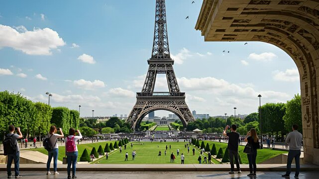 Parisian Tourists Capture Eiffel Tower Views.