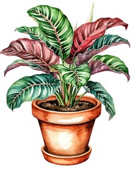 calathea plant in a pot. Watercolor illustration on white background. Element, Sticker, Poster. Houseplants.