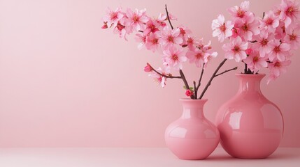 Pink cherry blossoms in pink vases on pink background.