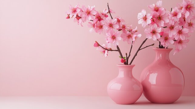 Pink cherry blossoms in pink vases on pink background.