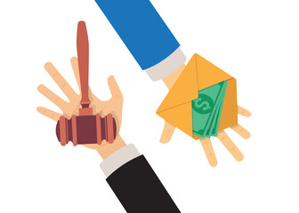 Hand of corrupt officials making criminal deal to make court decision stock illustration