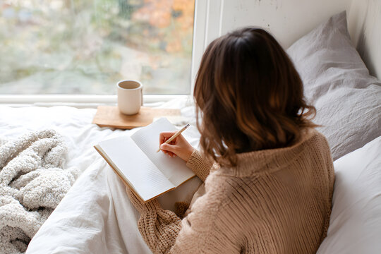 Young woman writing in a notebook during a peaceful morning, coffee beside her. Ideal for journaling, mindfulness, or productivity visuals.