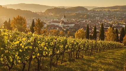 Golden hour light casting a warm glow over rows of grapevines in the Wachau Valley