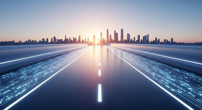 Futuristic city road with modern skyscrapers at sunrise