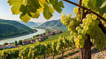 A sun-drenched vineyard in the Wachau Valley, Lower Austria, with ripe green grapes hanging in clusters from lush vines, backed.