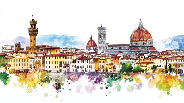 Florence Skyline Watercolor Painting - A picturesque watercolor painting of the Florence skyline, symbolizing Italian artistry, architectural beauty, historical significance, romantic charm, and
