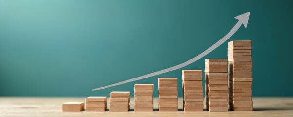 Vibrant graph with stacked cubes in teal background. Lively upward trend with silver arrow cutting through. Cubes varying in size, tallest center. Success celebration with milestone reached.