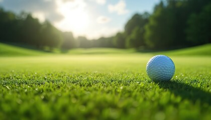 Serene golf course with golf ball in foreground. Pristine white ball contrasts with green grass. Rich golf course background features trees, scattered golf balls. Soft sunlight casts shadows,