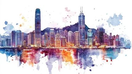 Wandcirkels Aquarelschilderij wolkenkrabber Hong Kong Skyline Watercolor Painting - Vibrant watercolor cityscape, Hong Kong's iconic skyscrapers, harbor reflections, artistic paint splashes, and urban energy.  © Seree 