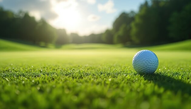 Serene golf course with golf ball in foreground. Pristine white ball contrasts with green grass. Rich golf course background features trees, scattered golf balls. Soft sunlight casts shadows,