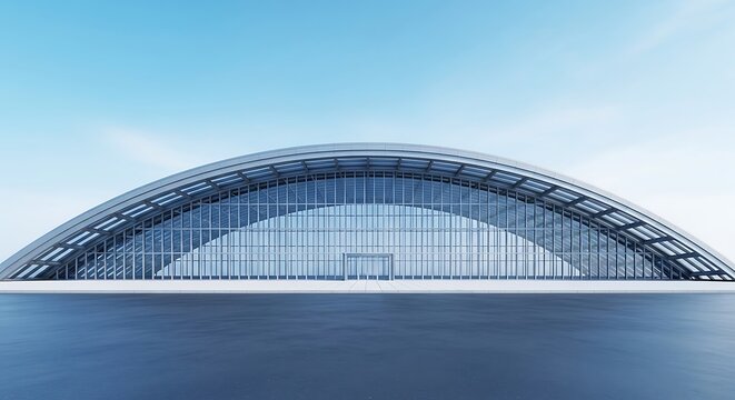 Modern arched building with large glass windows under clear sky - Powered by Adobe