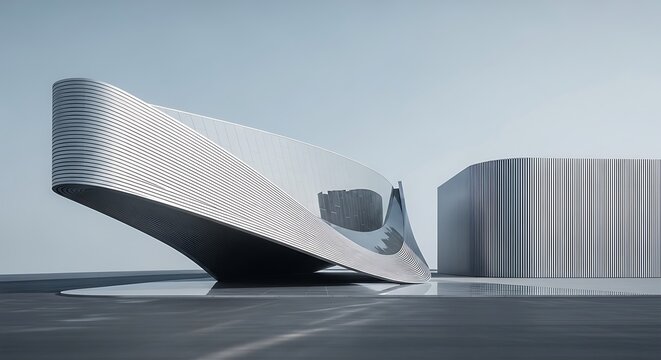 Modern and unique architectural design with smooth curves and metallic surfaces